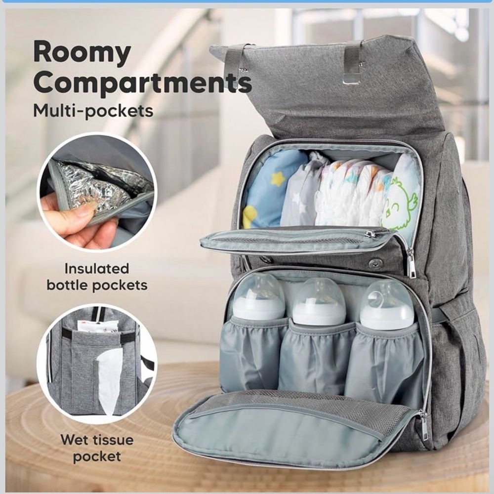 Large Travel/Explorer Oxford Gray Waterproof Insulated Backpack Diaper Bag for 2 - Picture 3 of 13